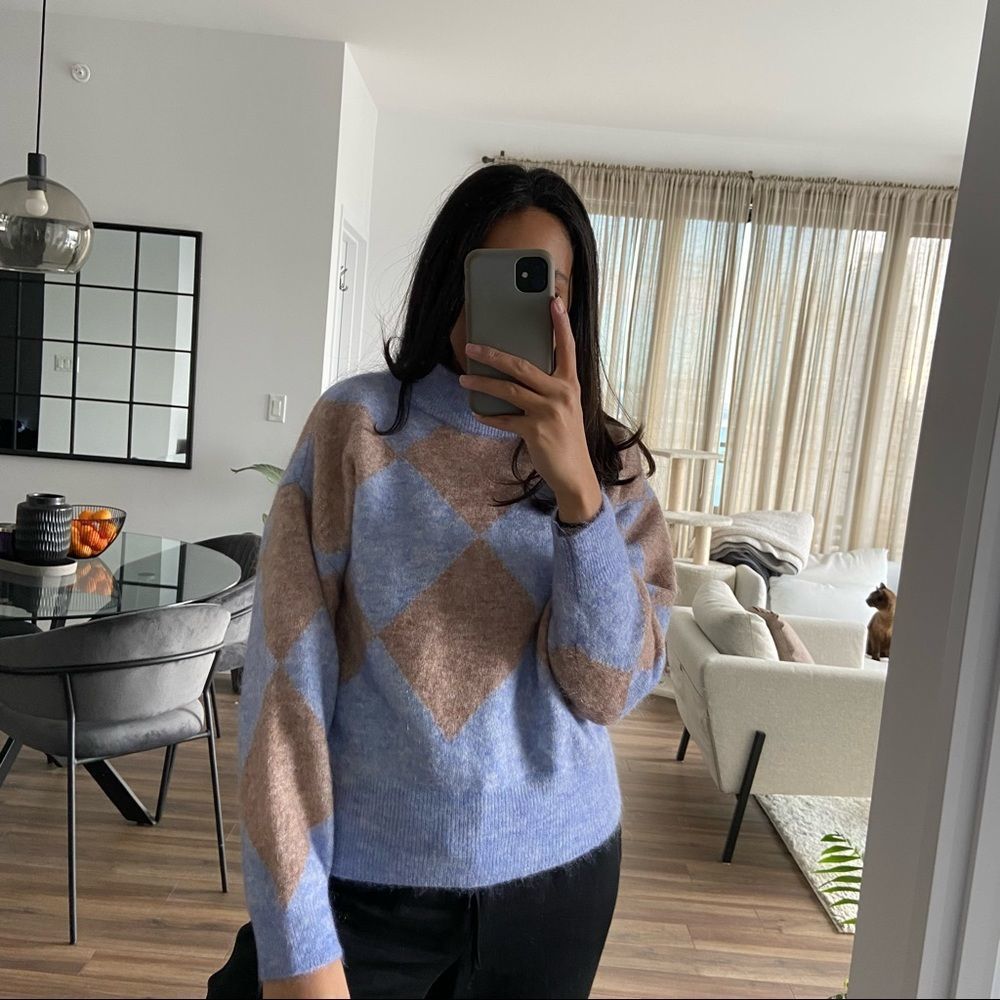 ZARA Wool Mohair Blue Argyle Sweater S - Picture 3 of 8